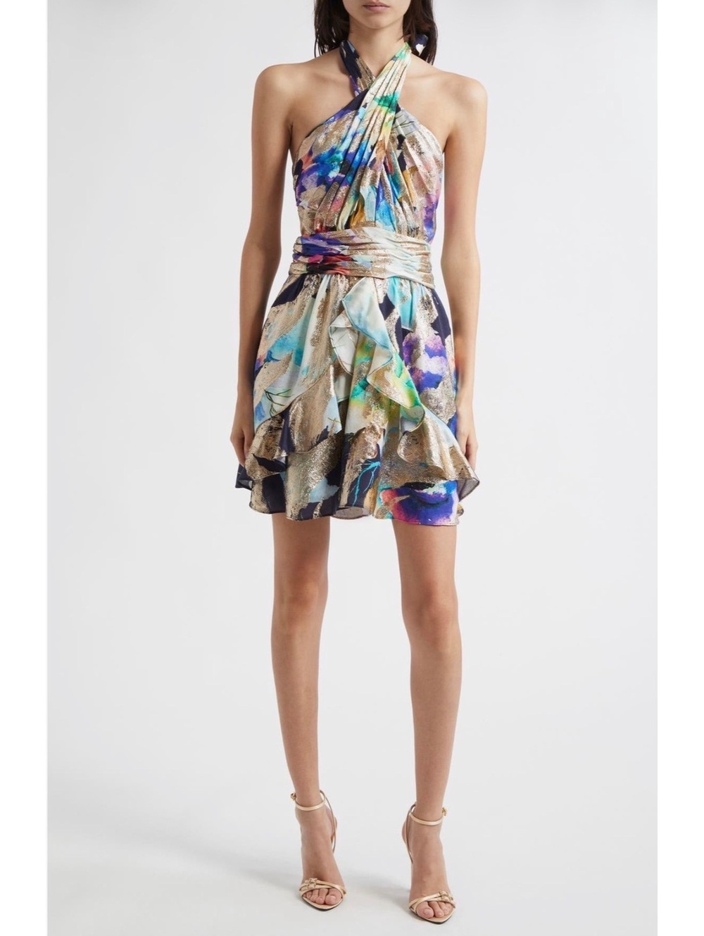Ramy Brook Marble Ruben Ruffle Metallic Jacquard Halter Minidress - NWT -Size 6